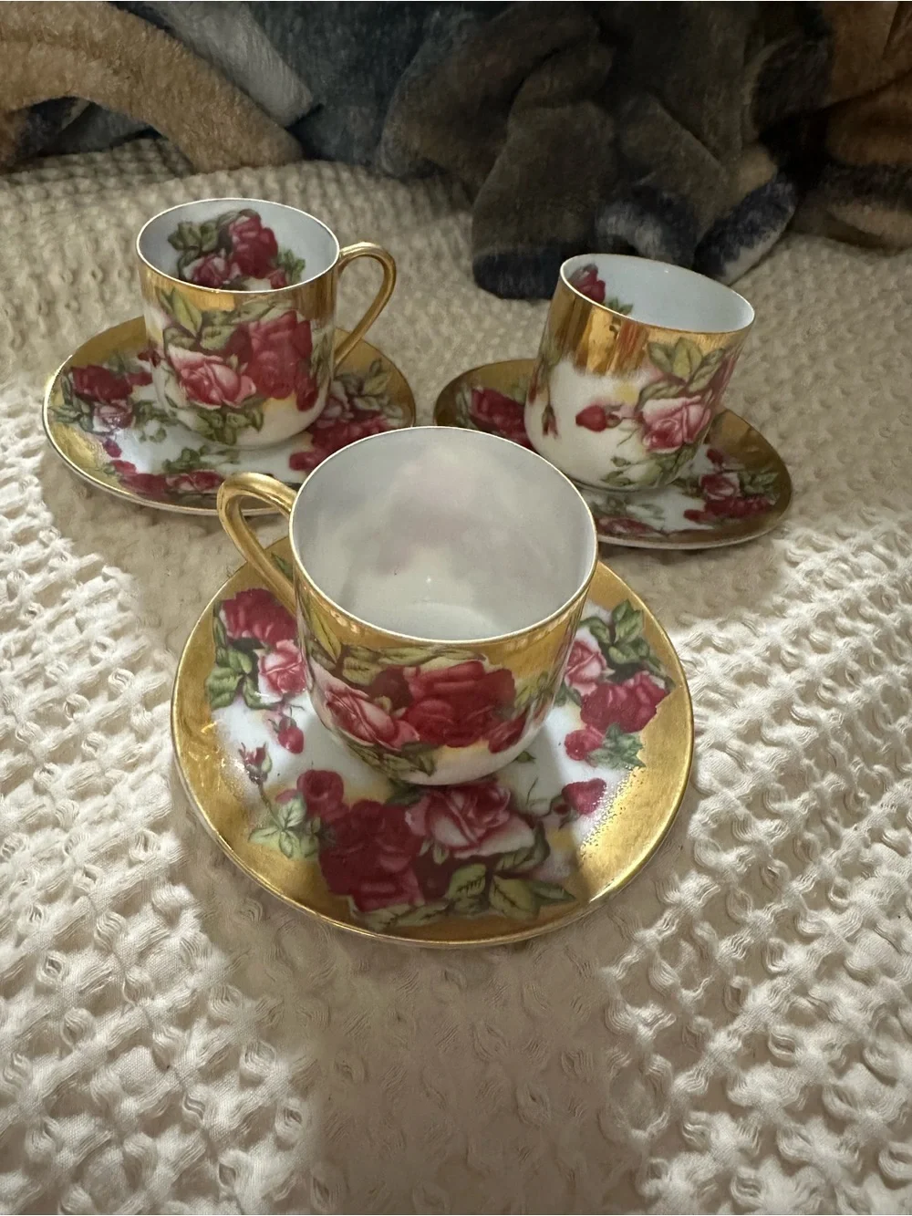 Vintage Rose-Pattern Porcelain Espresso Cups & Saucers with Gold Trim